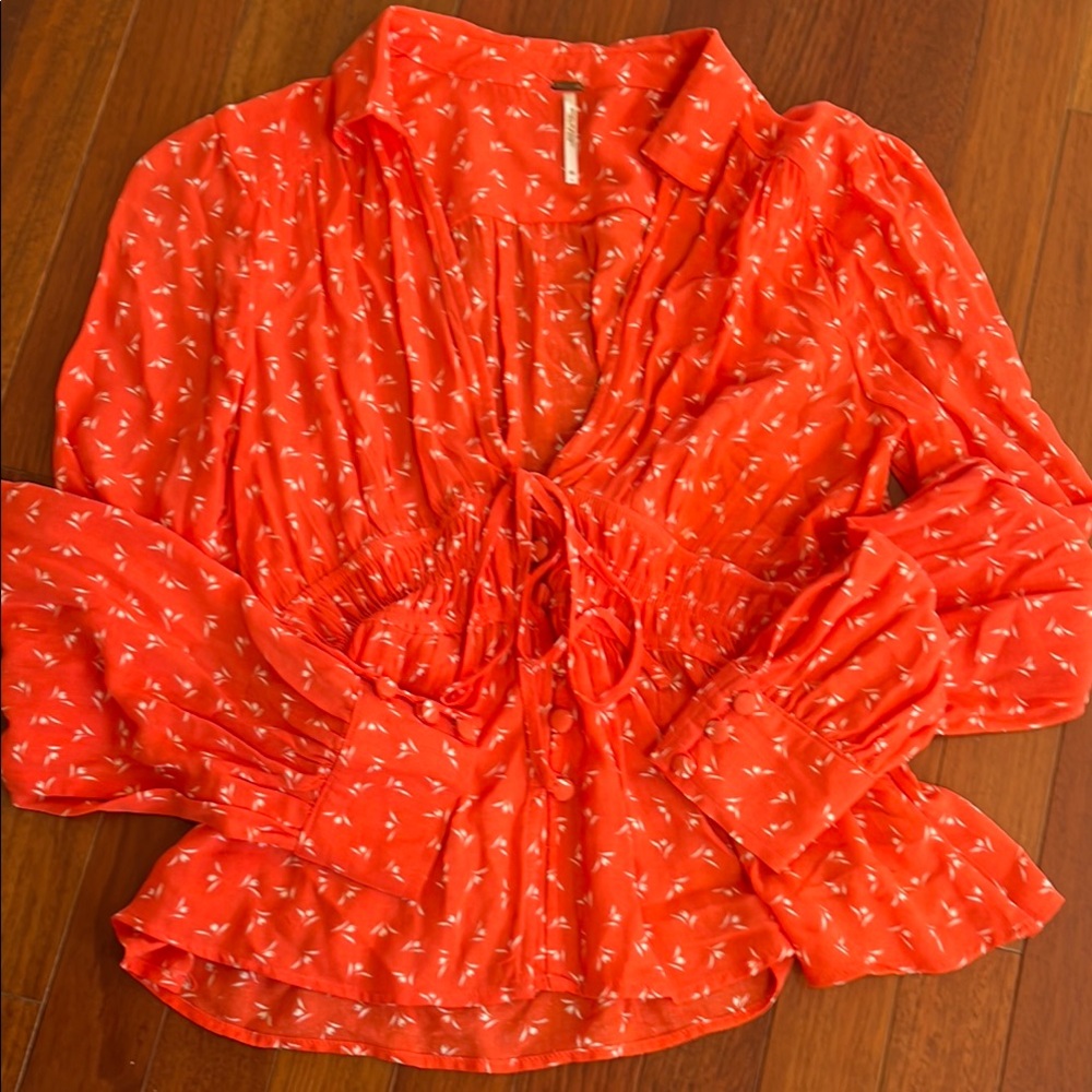 Free People Orange Ruffled Tie Front Blouse